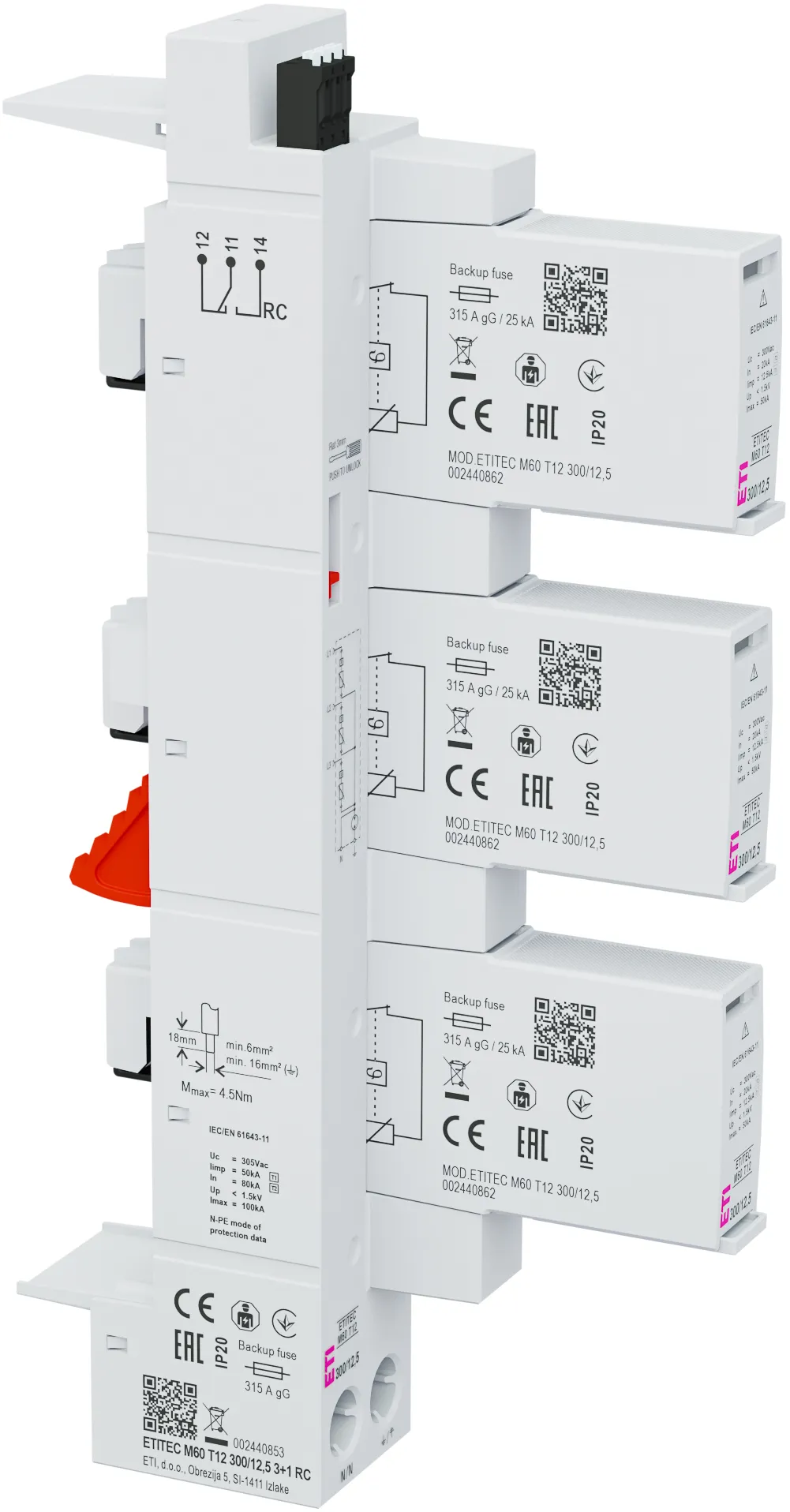 Überspannungsableiter ETITEC M60 T12 300/12,5 3+1 RC 002440853